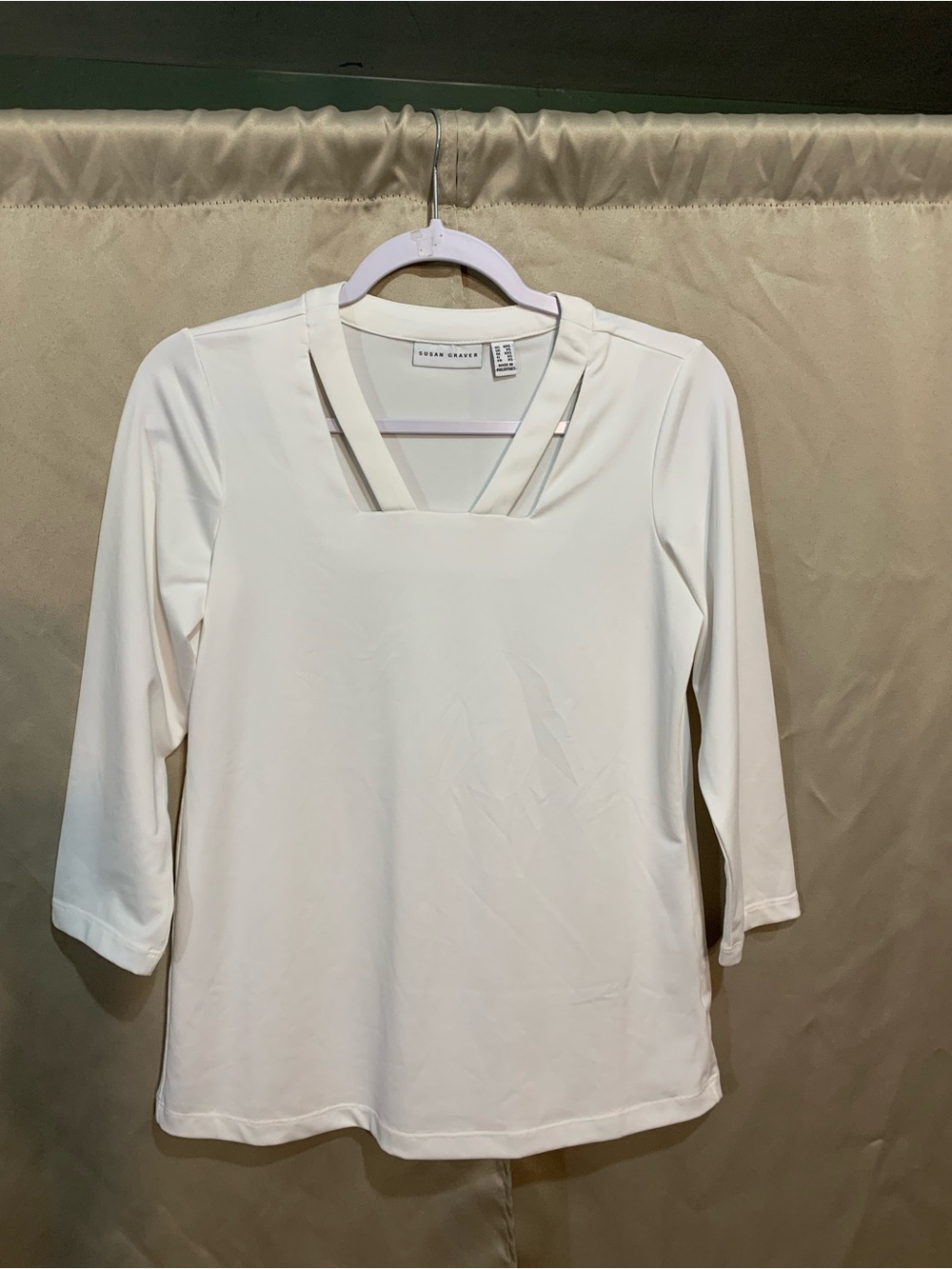 Susan Graver Cream Strappy V-Neck Long Sleeve Top 108/3
